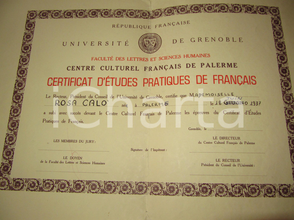 Documento originale, autentico 1960 ca PALERMO Diploma Rosa CALO  Centre Culturel FranÃ§ais GRENOBLE DANNEGGIATO 1