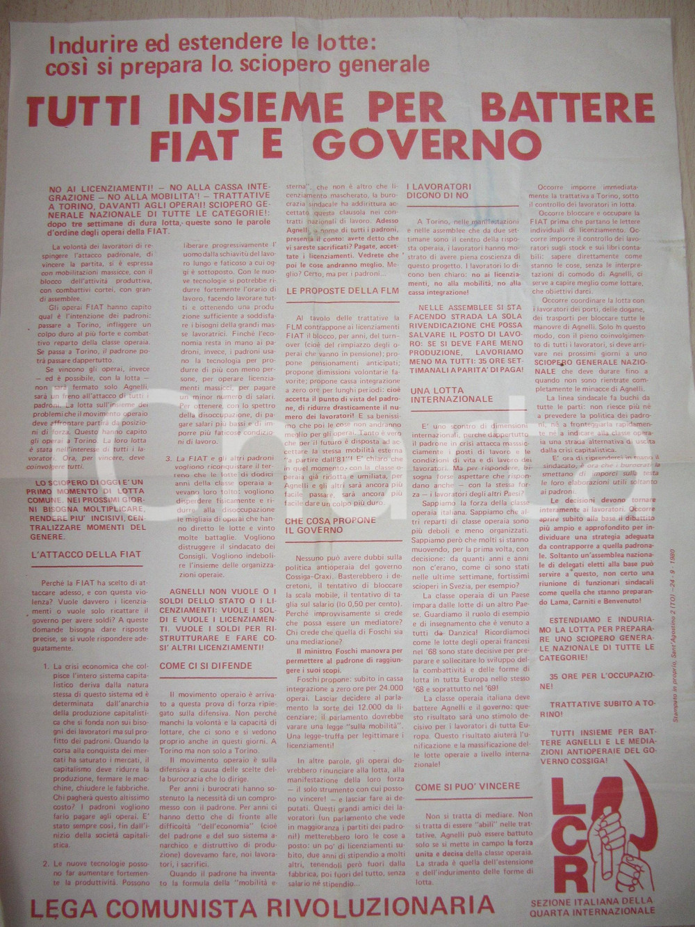 Documento originale, autentico 1980 TORINO Sciopero generale operai FIAT Ministro Franco FOSCHI Lega Comunista 1