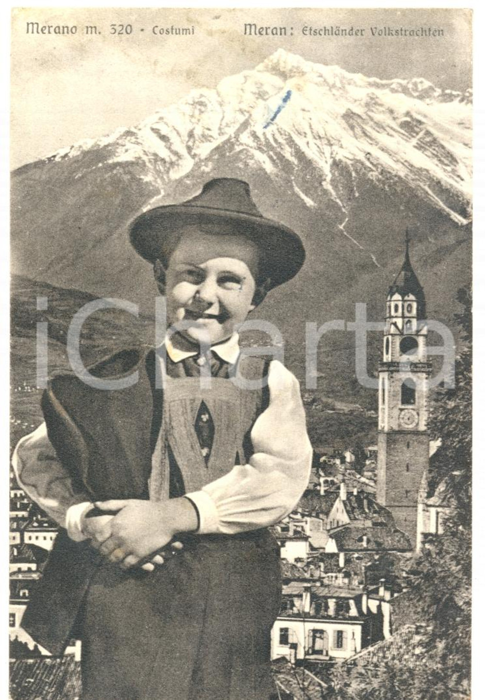 Cartolina originale da collezione 1949 MERANO BZ Bambino in costume tipico EtschlÃ¤nder Volkstrachten Cartolina 1