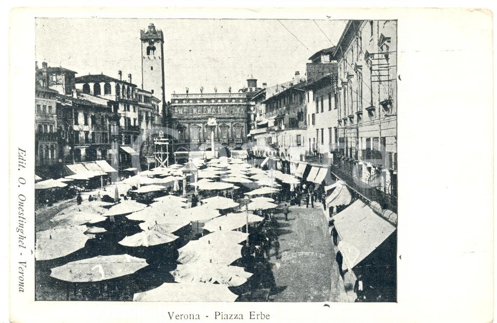 Cartolina originale da collezione 1900 ca VERONA Turisti sotto ombrelloni Piazza ERBE Cartolina ANIMATA FP NV 1