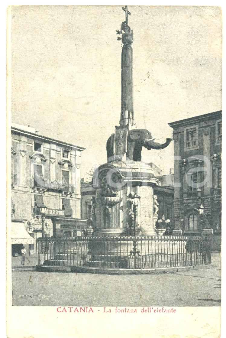 Cartolina originale da collezione 1906 CATANIA La fontana dell ELEFANTE HOTEL CENTRAL EUROPE ANIMATA FP VG 1
