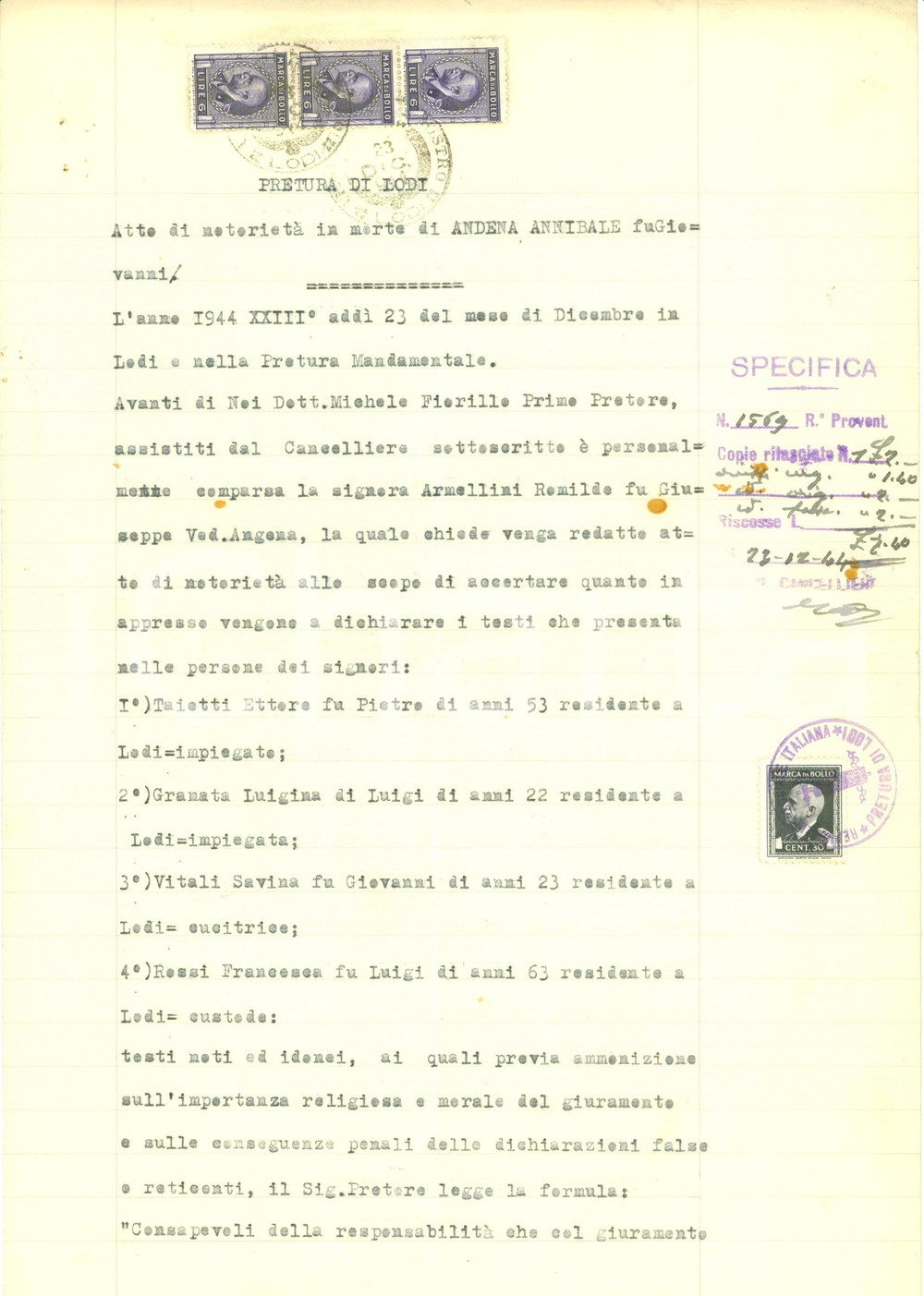 Documento originale, autentico 1944 LODI RSI Annibale ANDENA morto senza lasciare testamento Documento 1