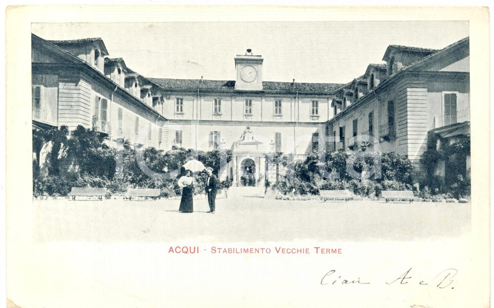 Cartolina originale da collezione 1901 ACQUI AL Facciata stabilimento Vecchie Terme Cartolina postale ANIMATA 1