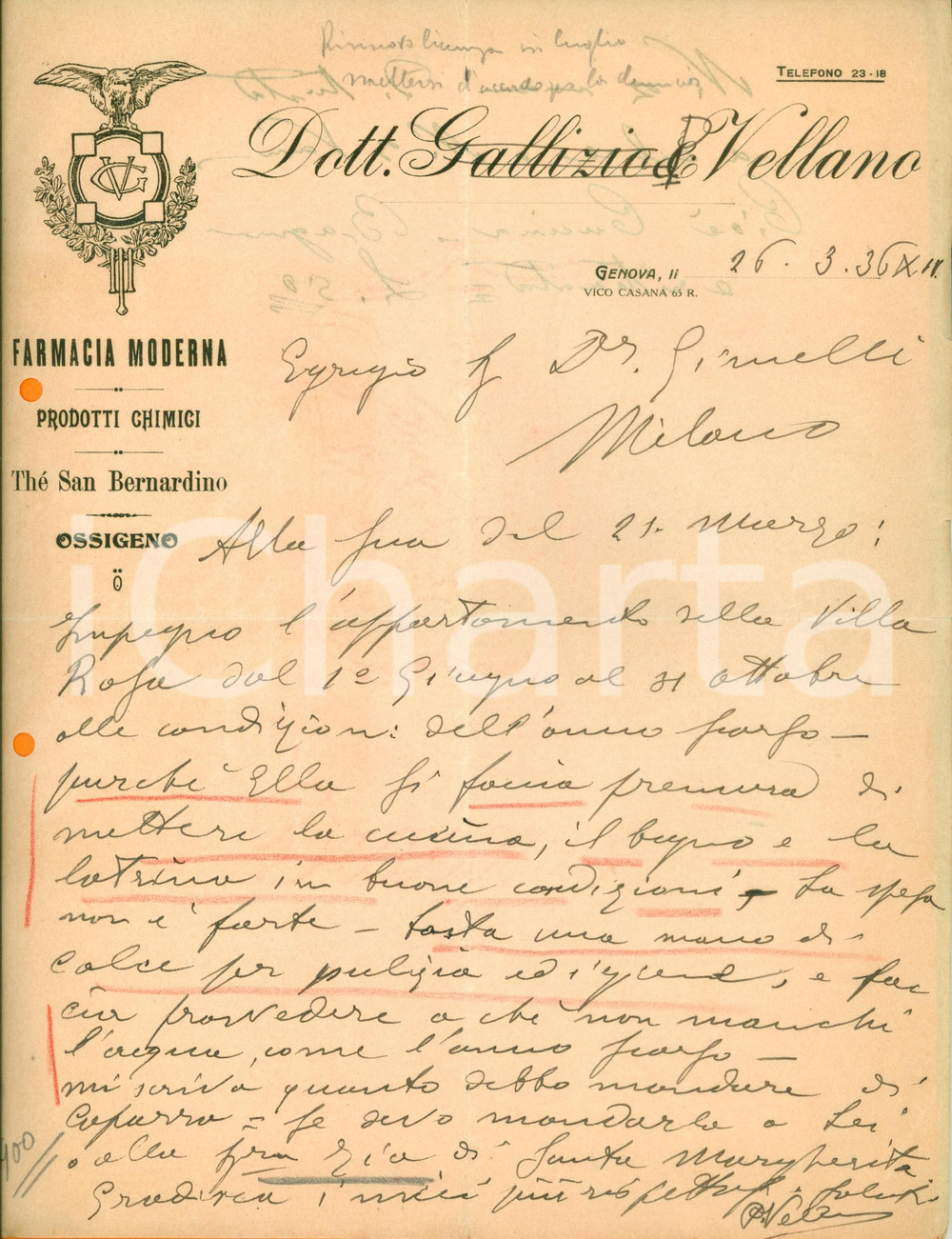 Documento originale, autentico 1936 GENOVA Farmacia Moderna GALLIZIO & VELLANO affitta appartamento Lettera 1