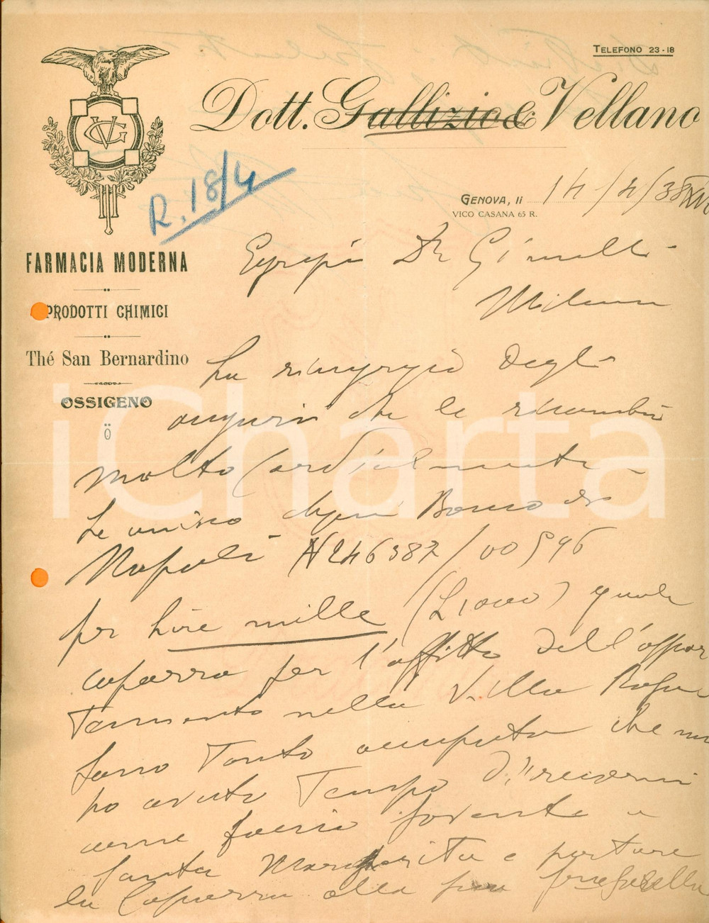 Documento originale, autentico 1938 GENOVA Farmacia Moderna GALLIZIO & VELLANO Lettera 1