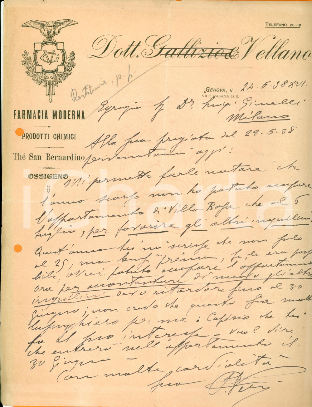 Documento originale, autentico 1938 GENOVA Farmacia Moderna GALLIZIO & VELLANO non riesce a usare appartamento> 1