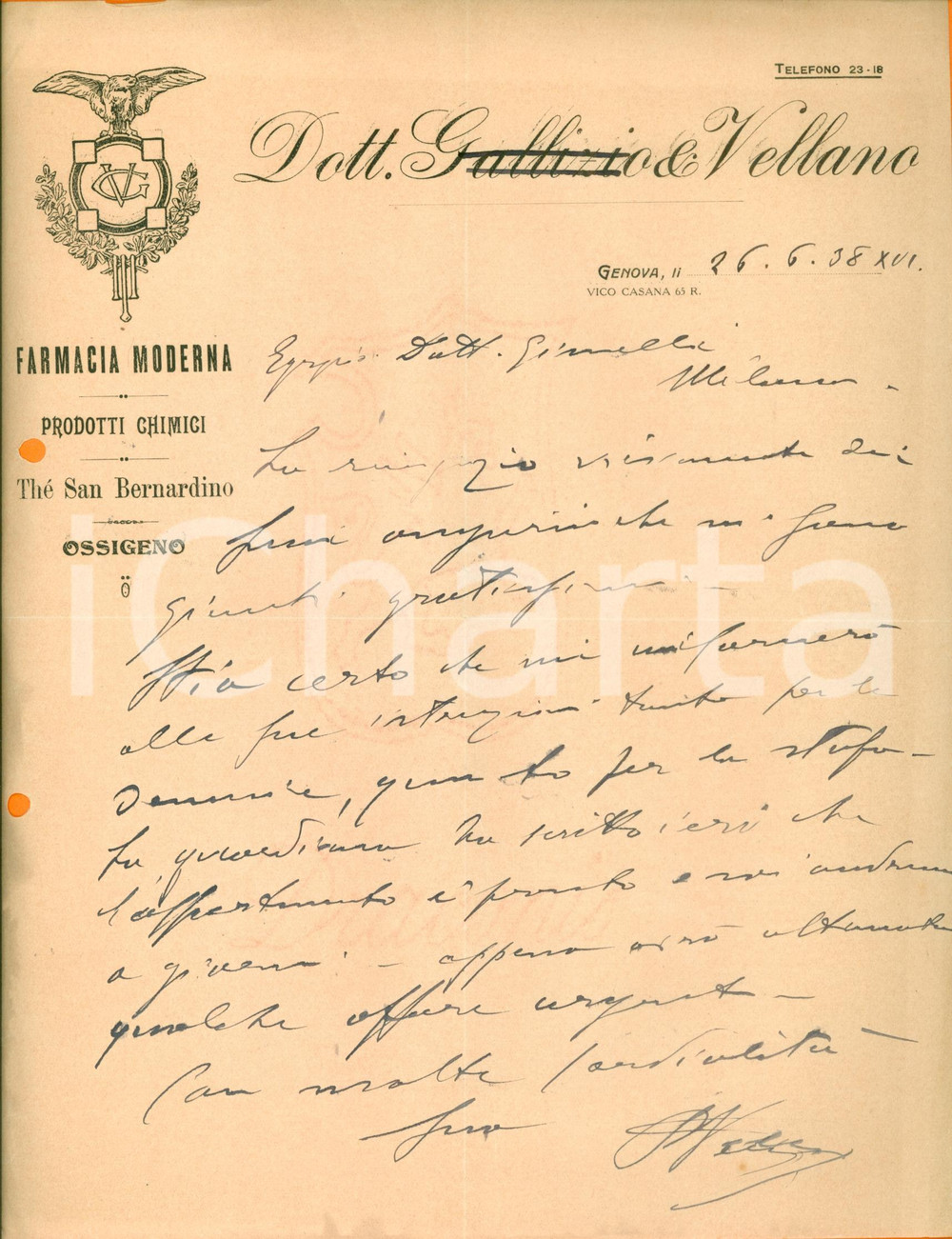 Documento originale, autentico 1938 GENOVA Farmacia Moderna GALLIZIO & VELLANO ThÃ© SAN BERNARDINO Documento 1