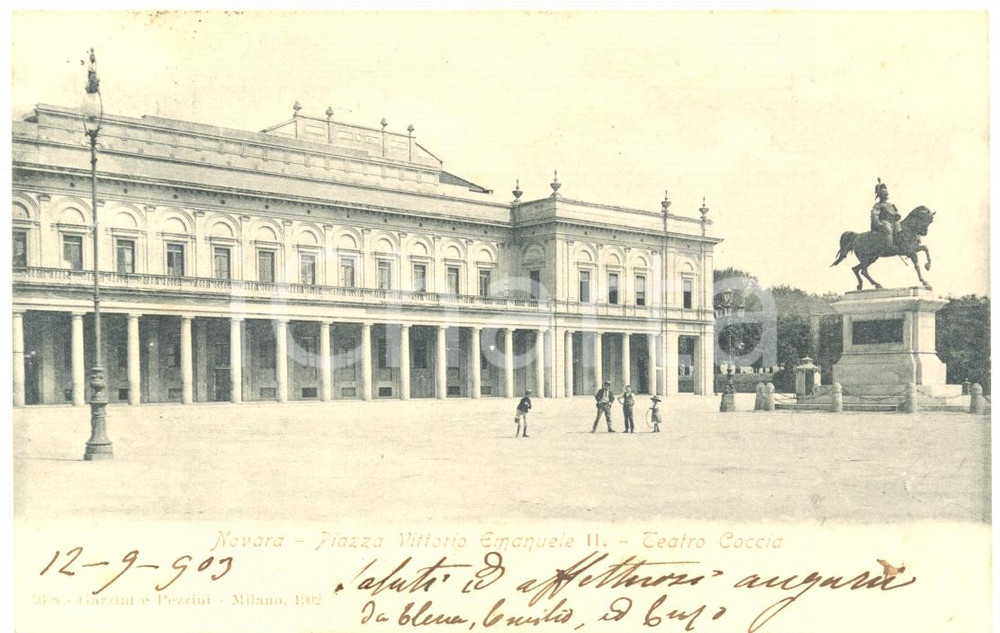 Cartolina originale da collezione 1903 NOVARA Teatro COCCIA Piazza VITTORIO EMANUELE II Cartolina ANIMATA FP VG 1