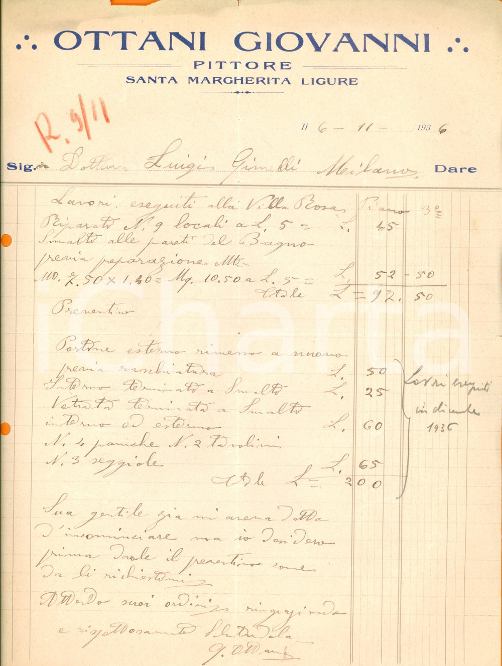 Documento originale, autentico 1936 SANTA MARGHERITA LIGURE GE Pittore Giovanni OTTANI lavori a VILLA ROSA 1