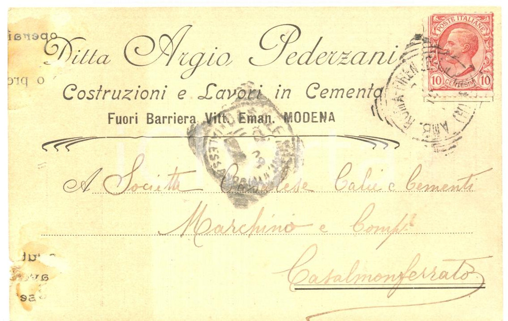 Documento originale, autentico 1908 MODENA Ditta ARGIO PEDERZANI costruzioni e lavori in cemento Cartolina VG 1