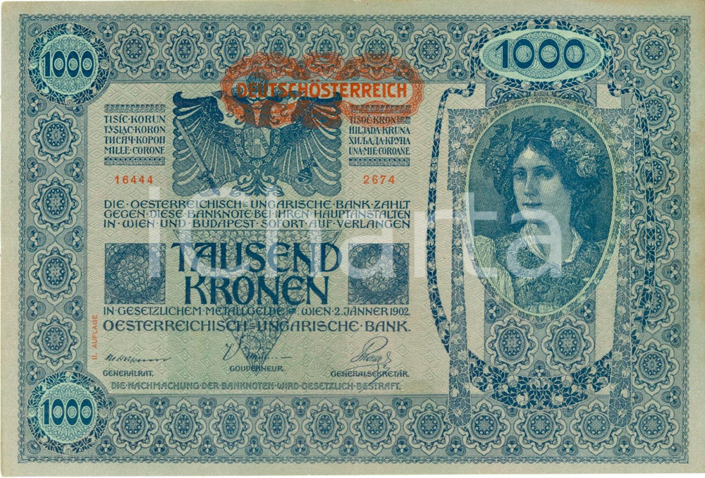 Documento originale, autentico 1902 AUSTRIA Banconota 1000 Corone TAUSEND KRONEN Sovrastampa deutschÃ¶sterreich 1