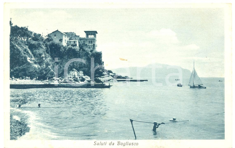 Cartolina originale da collezione 1938 BOGLIASCO GE Veduta panoramica estiva Cartolina postale ANIMATA FP VG 1