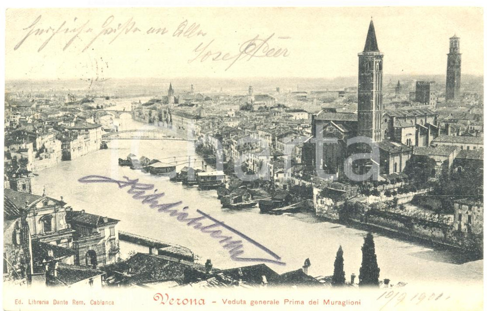 Cartolina originale da collezione 1901 VERONA Panorama con case e ponti Cartolina postale FP VG 1