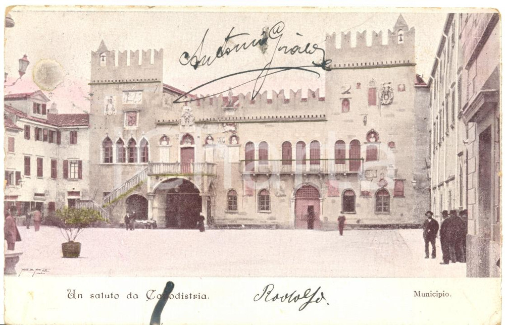 Cartolina originale da collezione 1900 ca CAPODISTRIA Piazza del Municipio Timbro FIUME 1930 Cartolina ANIMATA VG 1