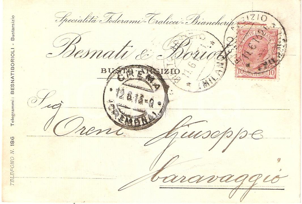 Documento originale, autentico 1913 BUSTO ARSIZIO VA Ditta BESNATI BORIOLI foderami biancheria Cartolina FP 1