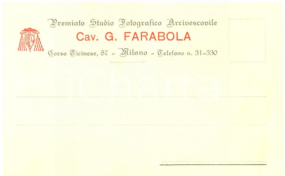 Documento originale, autentico 1930 ca MILANO Cav. G. FARABOLA Studio Fotografico Arcivescovile Cartolina FP 1
