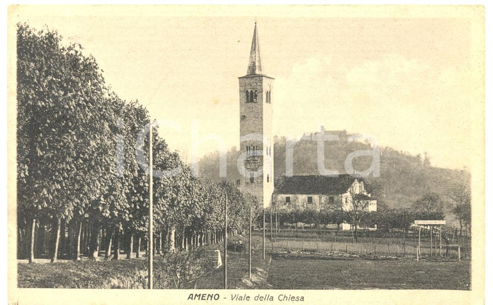 Cartolina originale da collezione 1946 AMENO NO Viale alberato Parrocchiale SANTA MARIA ASSUNTA Cartolina FP VG 1