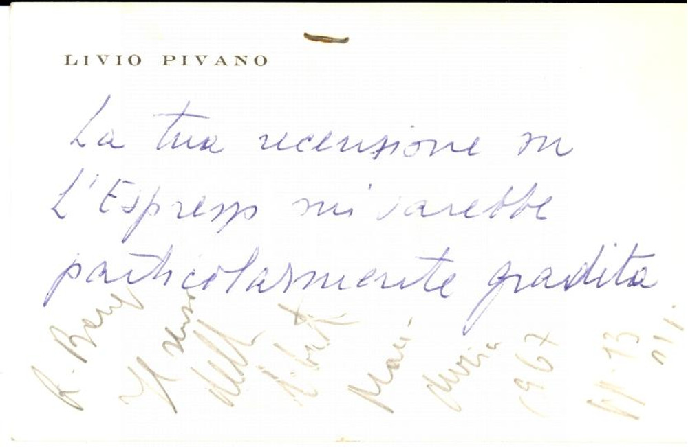 Autografo originale 1970 ca ALESSANDRIA Biglietto Livio PIVANO con appunti Leo VALIANI Autografo 1