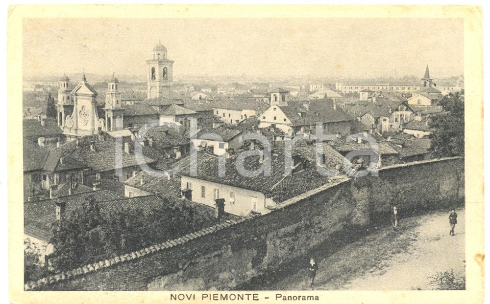 Cartolina originale da collezione 1923 NOVI LIGURE AL Panorama e Collegiata SANTA MARIA MAGGIORE ANIMATA FP VG 1