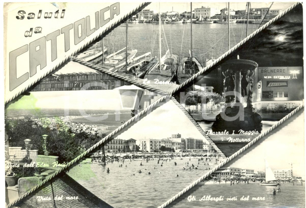 Cartolina originale da collezione 1960 CATTOLICA RN Vedutine DARSENA Piazzale I MAGGIO Cartolina ANIMATA FG VG 1