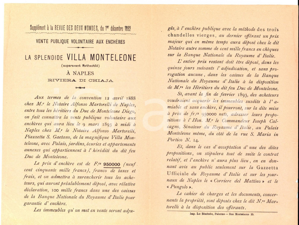 Oggetto da collezione cartaceo 1893 NAPOLI Villa MONTELEONE venduta all asta per volontÃ  eredi Volantino 1