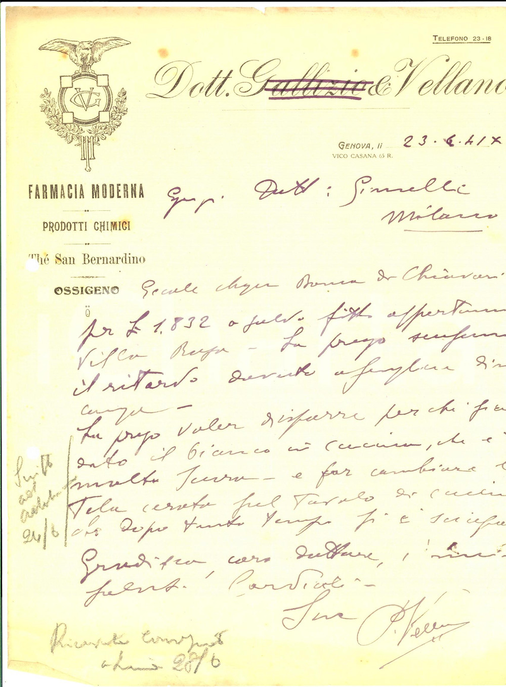 Documento originale, autentico 1941 GENOVA Dott. VELLANO Farmacia Moderna su affitto VILLA ROSA Lettera 1