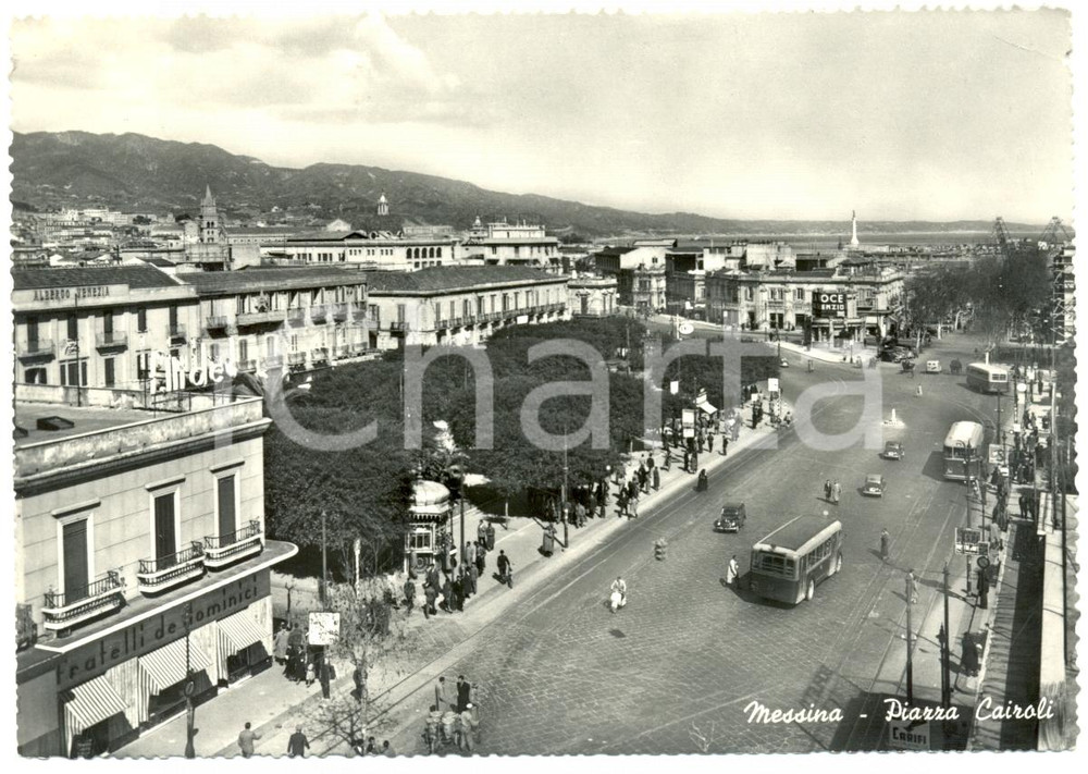 Cartolina originale da collezione 1959 MESSINA Torpedoni in transito in Piazza CAIROLI Negozio F.lli DE DOMINICI 1