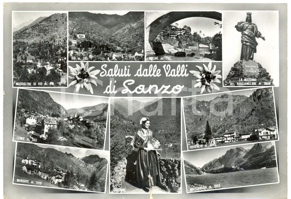 Cartolina originale da collezione 1960 VALLI DI LANZO TO Donna in costume tipico Madonna ROCCIAMELONE DANNEGGIATA 1