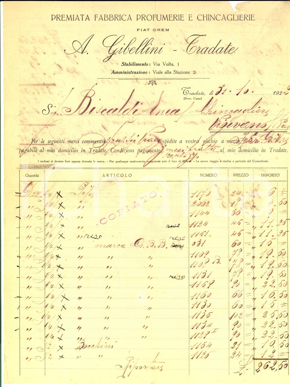 Documento originale, autentico 1922 TRADATE VA A. GIBELLINI Fabbrica Profumerie e Chincaglierie Fattura 1