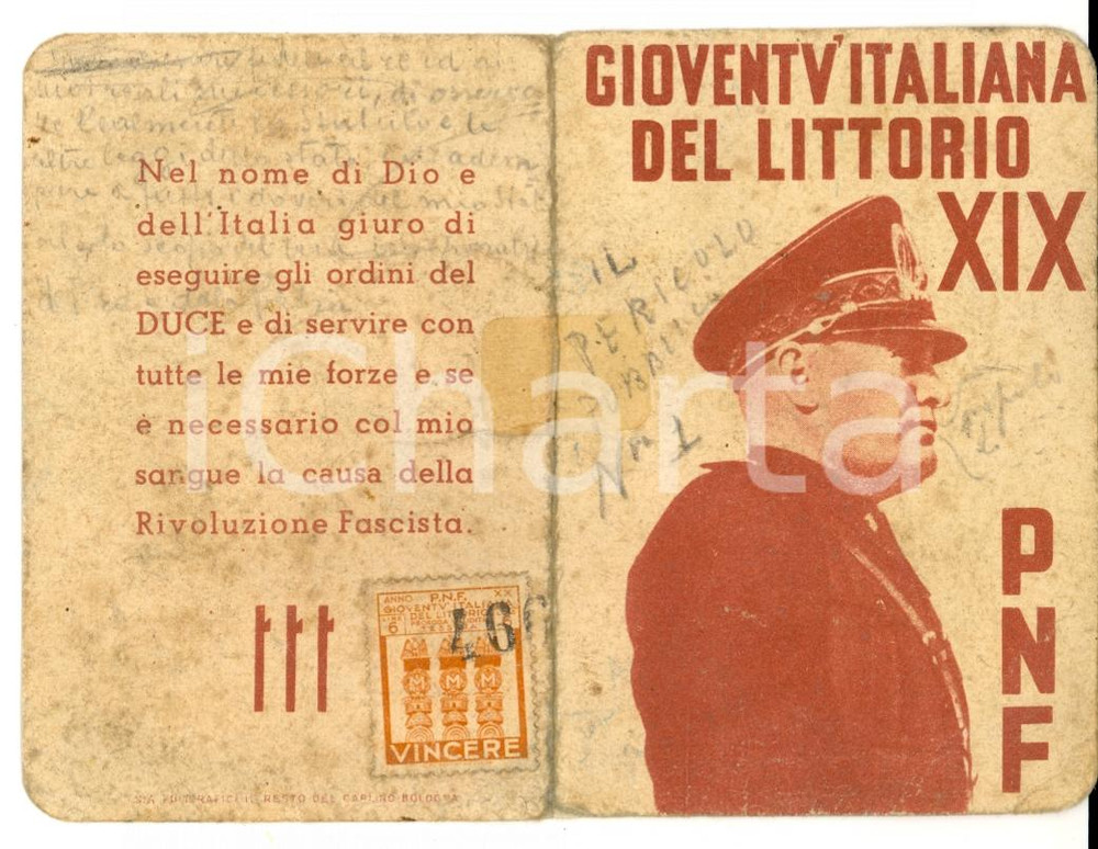 Oggetto da collezione cartaceo 1941 PNF ALESSANDRIA Tessera GIL Franco AMELOTTI Avanguardista Moschettiere 1