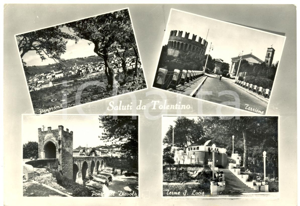 Cartolina originale da collezione 1957 TOLENTINO MC Ponte del DIAVOLO e Terme di SANTA LUCIA ANIMATA FG VG 1