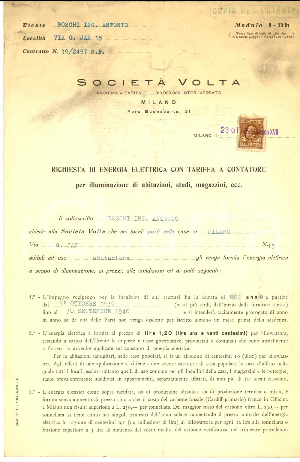 Manoscritto, lettera originale 1939 MILANO Contratto SOCIETA  VOLTA Fornitura energia elettrica privata 1