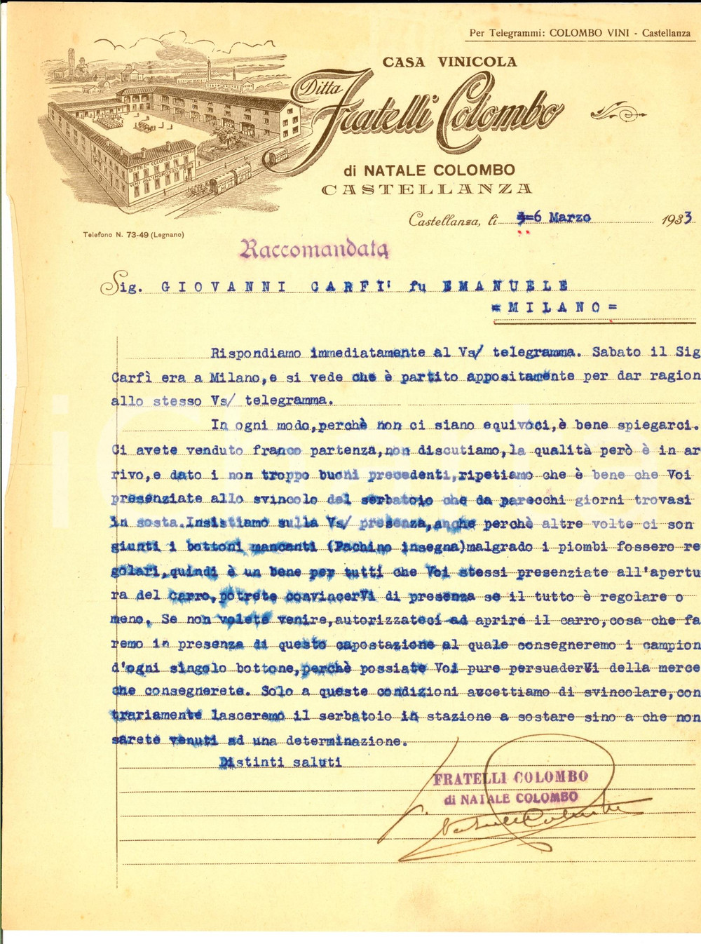 Documento originale, autentico 1939 CASTELLANZA VA Fratelli COLOMBO Casa vinicola Lettera commerciale 1