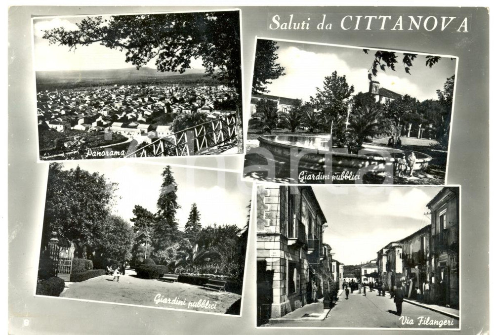 Cartolina originale da collezione 1950 ca CITTANOVA RC Vedutine fontana Giardini pubblici ANIMATA DANNEGGIATA 1