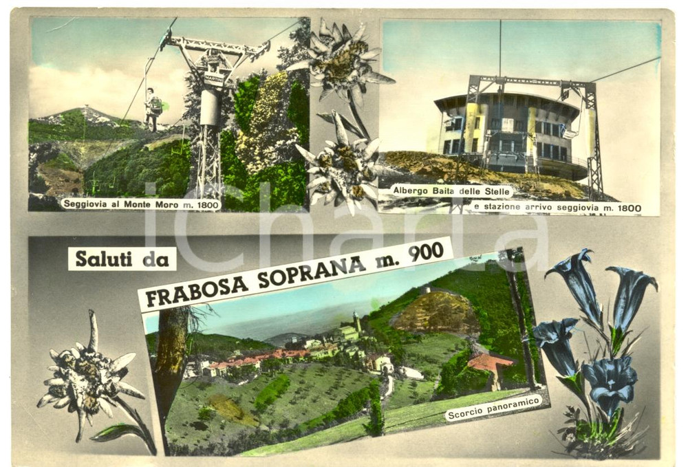 Cartolina originale da collezione 1958 FRABOSA SOPRANA CN Vedutine seggiovia per Monte MORO FG VG ANIMATA 1