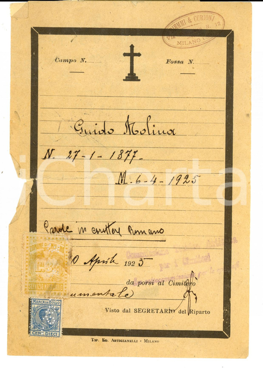 Documento originale, autentico 1925 MILANO Cimitero MONUMENTALE Iscrizione su tomba Guido MOLINA Documento 1