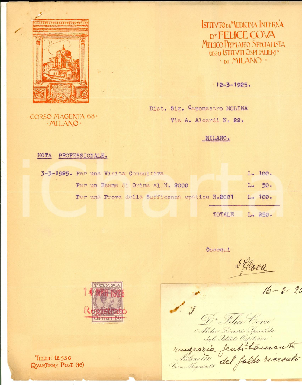 Documento originale, autentico 1925 MILANO Dott. Felice COVA Paganini della toracoscopia Autografo 1