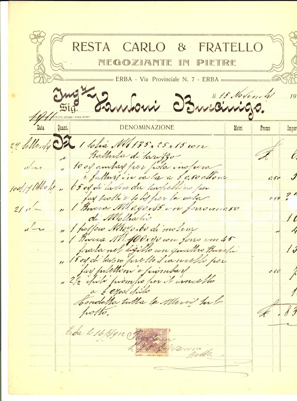 Documento originale, autentico 1911 ERBA CO Carlo RESTA e fratello negozianti in pietre Fattura manoscritta 1