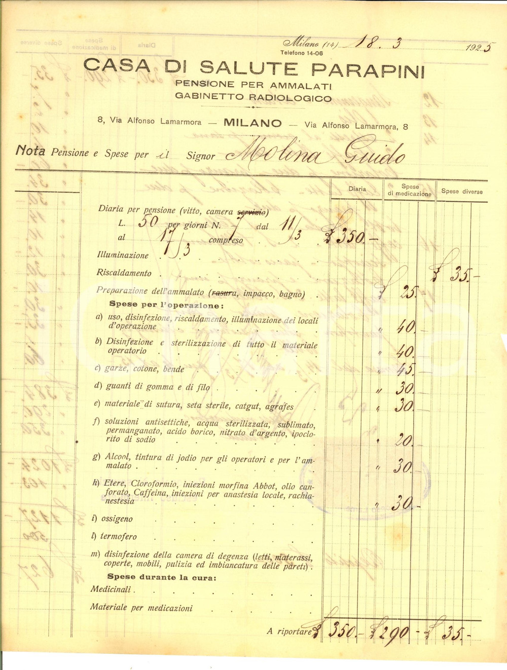Documento originale, autentico 1925 MILANO Casa di salute PARAPINI Spese Guido MOLINA intervento chirurgico 1