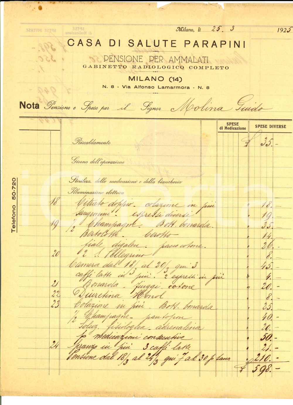 Documento originale, autentico 1925 MILANO Casa di salute PARAPINI Gabinetto radiologico Spese Guido MOLINA 1 1