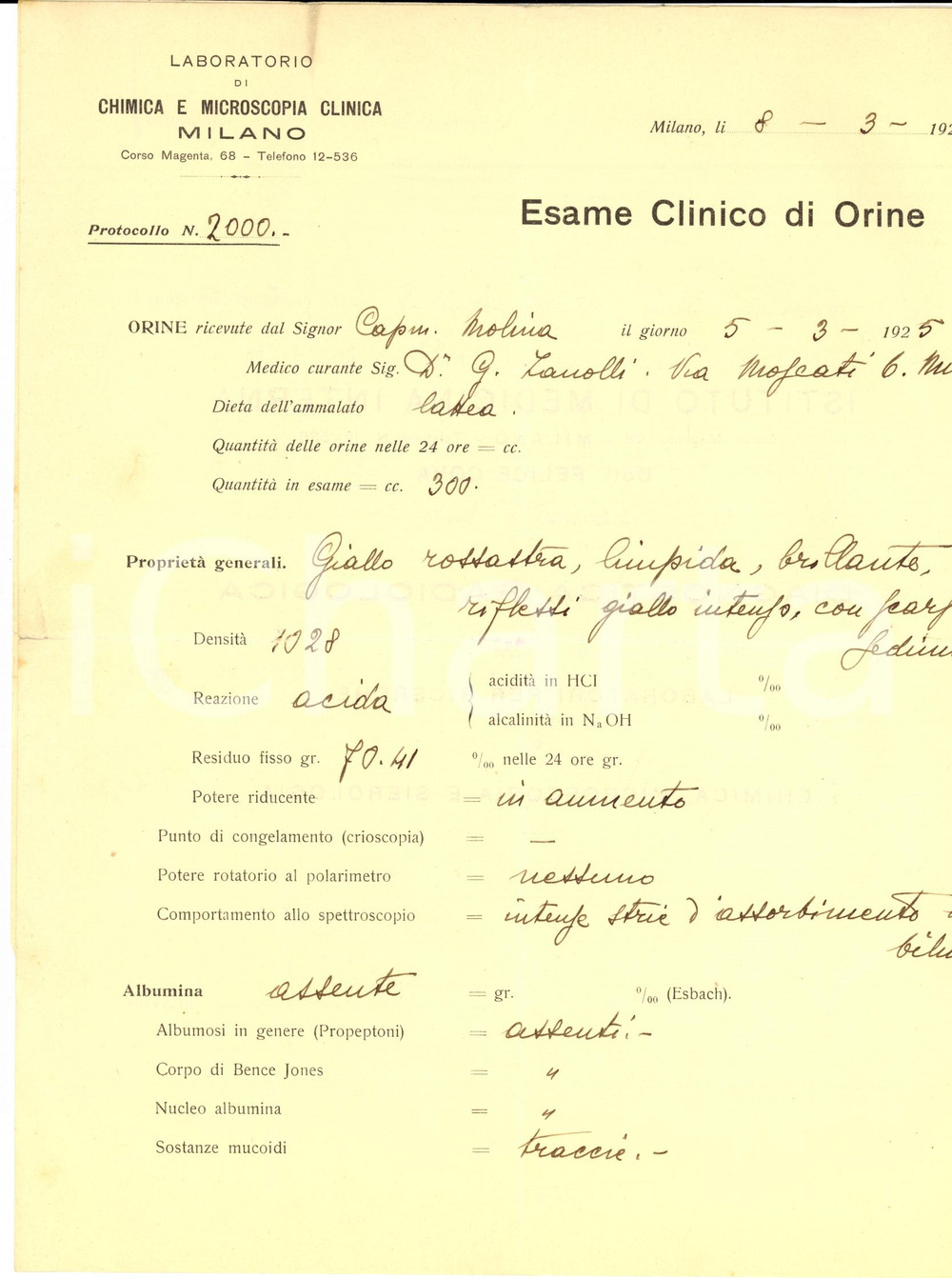 Documento originale, autentico 1925 MILANO Esame orine Istituto Medicina Interna Autografo Felice COVA 1 1