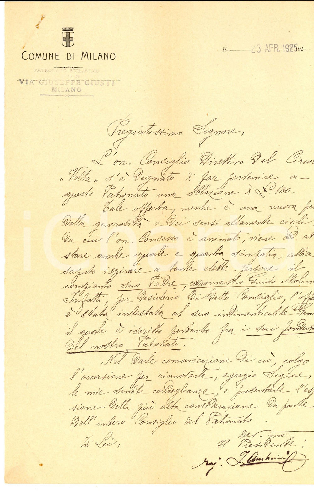 Documento originale, autentico 1925 MILANO Donazione Guido MOLINA a patronato scolastico via Giuseppe GIUSTI 1