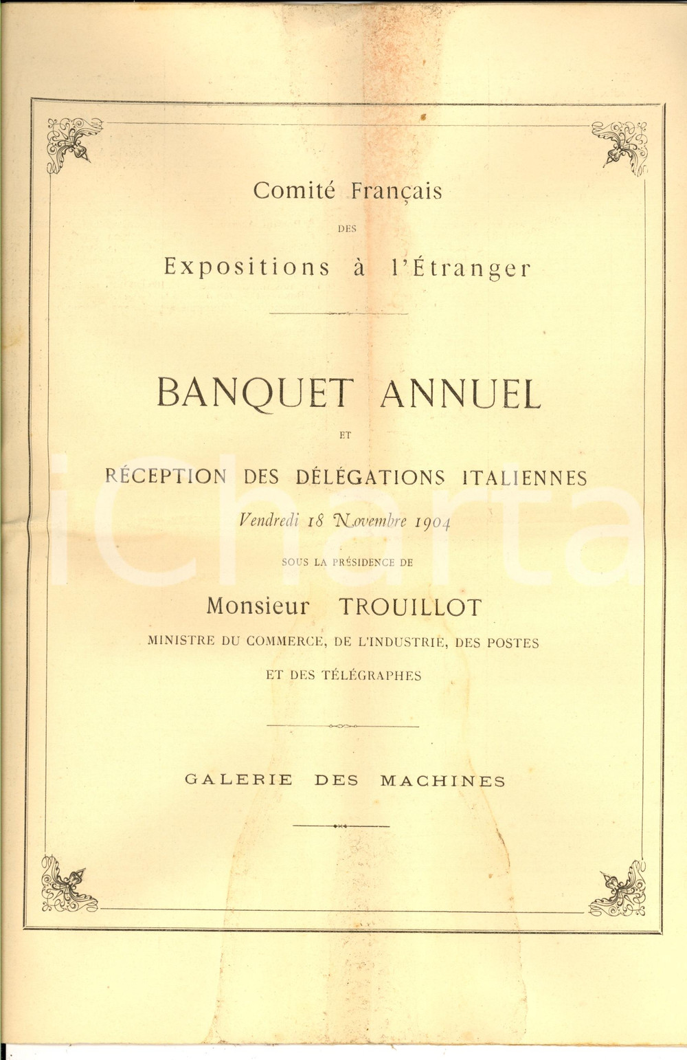 Documento originale, autentico 1904 PARIS Comité Francais EXPOSITIONS A L ETRANGER Banquet dÃ©lÃ©gations ITALIE 1