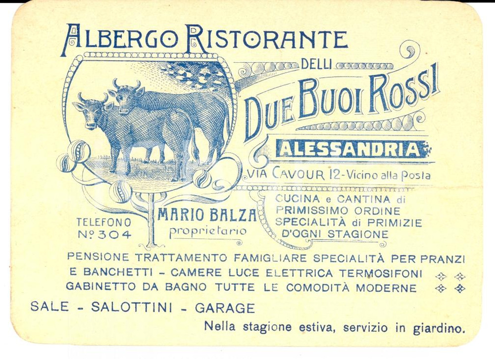 Cartolina originale da collezione 1915 ca ALESSANDRIA Albergo DUE BUOI ROSSI Mario BALZA Cartoncino pubblicitario 1