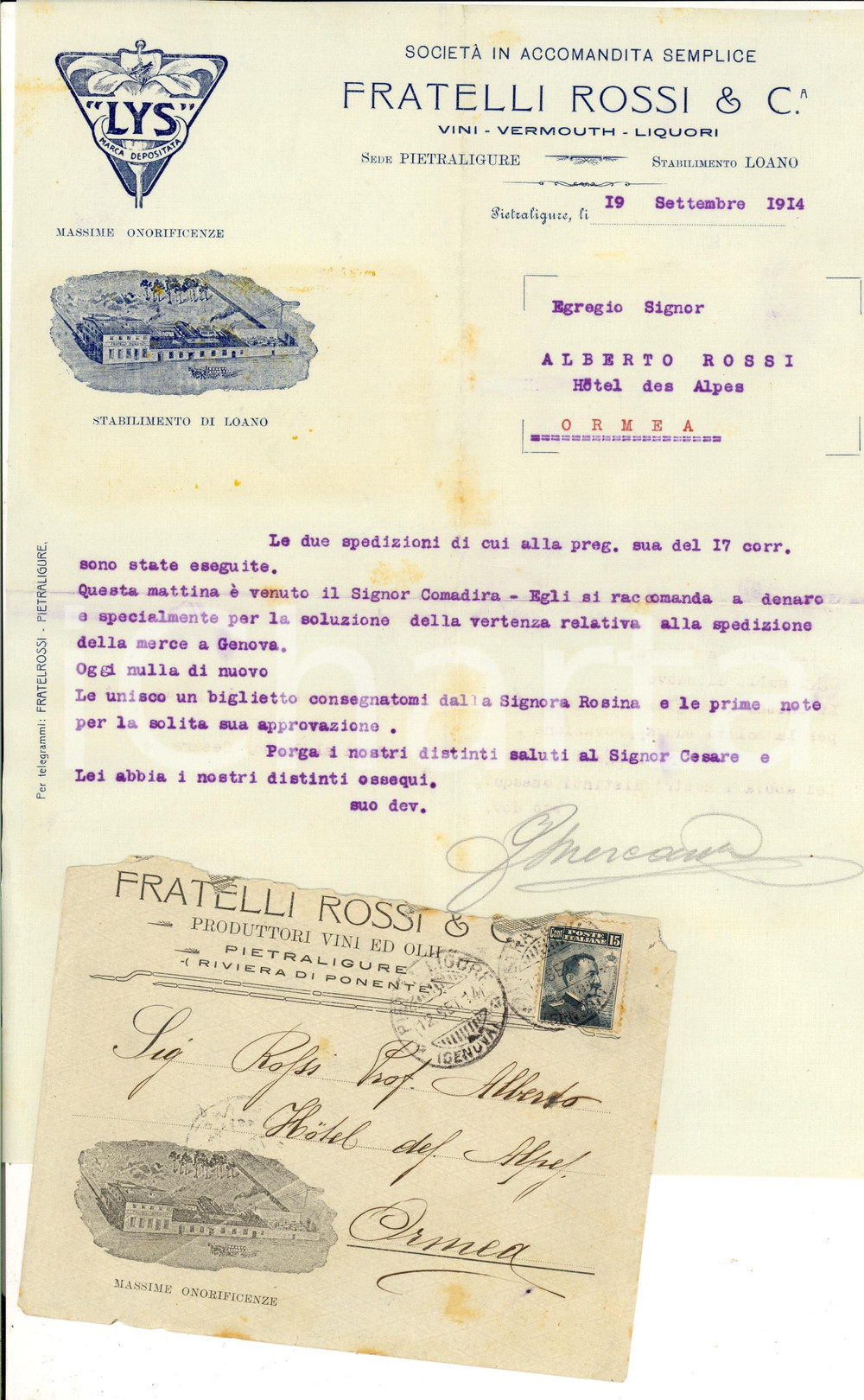 Documento originale, autentico 1914 PIETRA LIGURE SV Fratelli ROSSI vini e liquori Lettera commerciale 1
