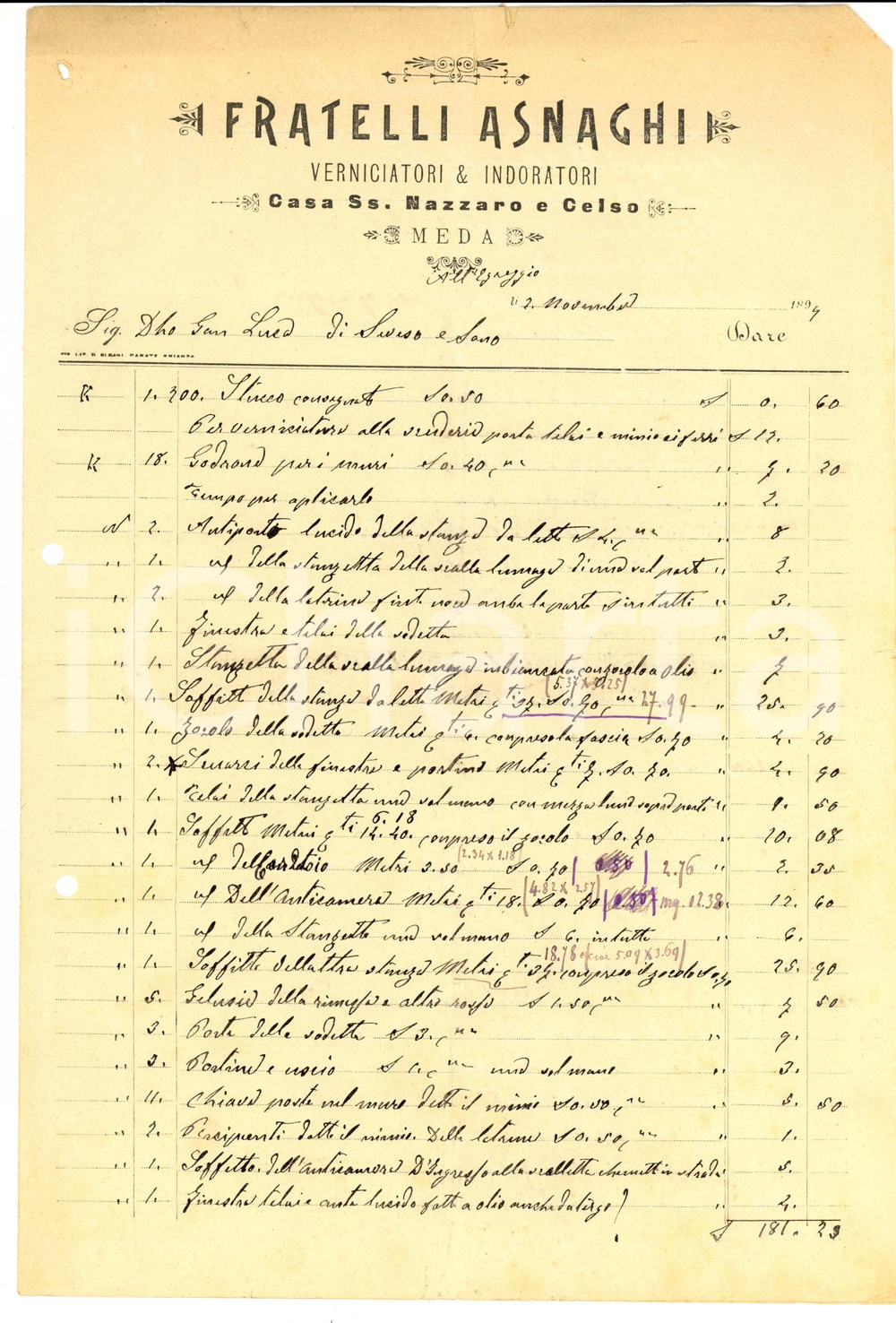 Documento originale, autentico 1894 MEDA MB Fratelli ASNAGHI Verniciatori indoratori Fattura manoscritta 1