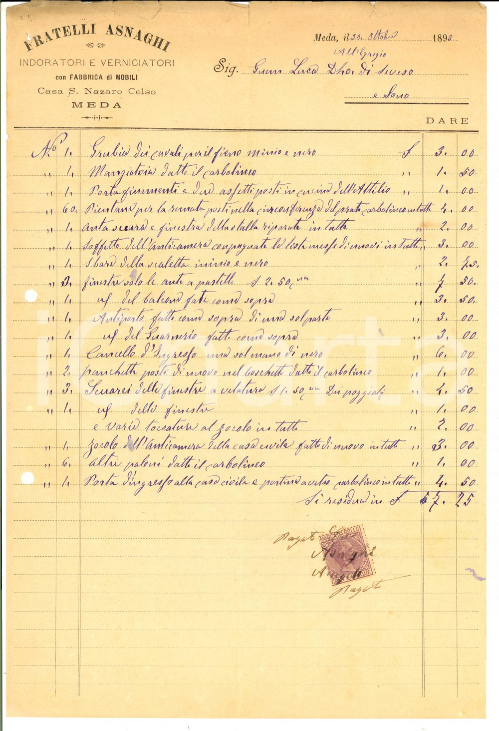 Documento originale, autentico 1895 MEDA MB Fratelli ASNAGHI Verniciatori indoratori Fattura manoscritta 1