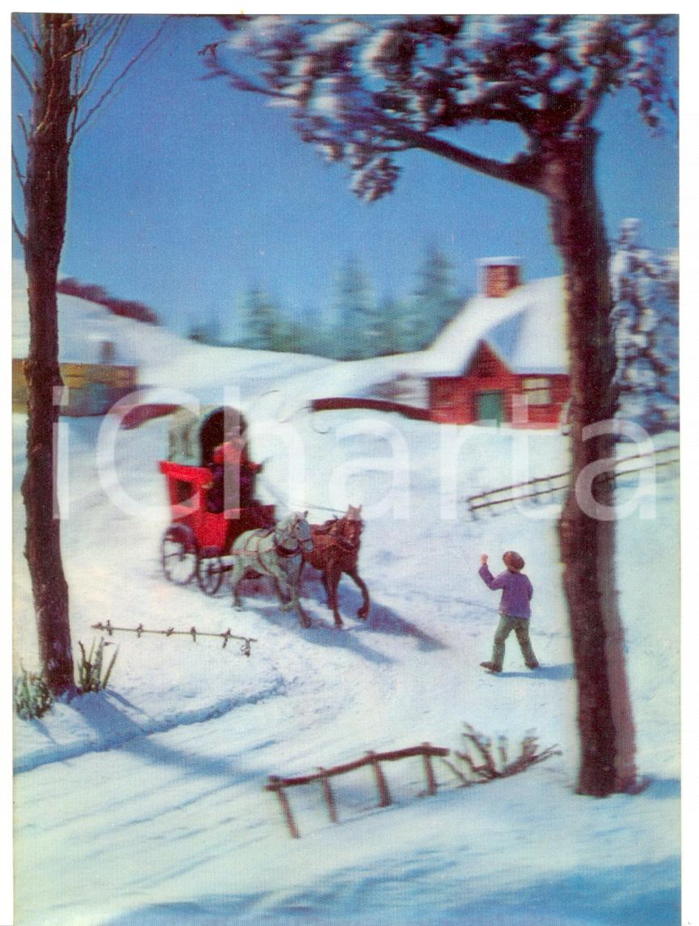 Cartolina originale da collezione 1970 ca OLOGRAFIA Calesse a due cavalli su strada innevata Cartolina FG NV 1