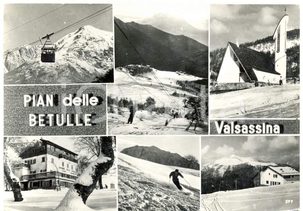 Cartolina originale da collezione 1966 MARGNO LC Vedutine PIAN DELLE BETULLE in VALSASSINA ANIMATA con sciatori 1