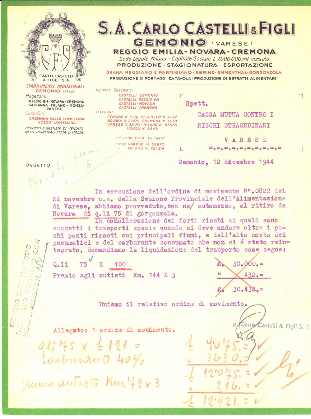 Manoscritto, lettera originale 1944 WW2 GEMONIO VA Difficili consegne per ditta Carlo CASTELLI sui ponti 1